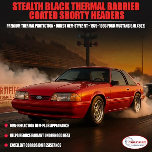 Image of Stealth Black Thermal Barrier Shorty Headers 79-93 Ford Mustang 5.0L LX GT | 302 V8 Foxbody Direct Bolt-On Stealth Performance Exhaust Headers With Copper Gaskets & Hardware Kit 5.0 Fox Body 1979-1993