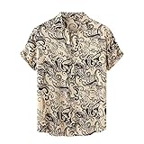 Bestyyo Herren Hawaiian Kurzarm Strand Stehkragen Hemd Bedruckte Sommer lässige Button-down-Hemden 3260ve,Vichy karo,Body Fishing French altin Brust-Taschen ton-in-ton karo-Muster tippedherren durab