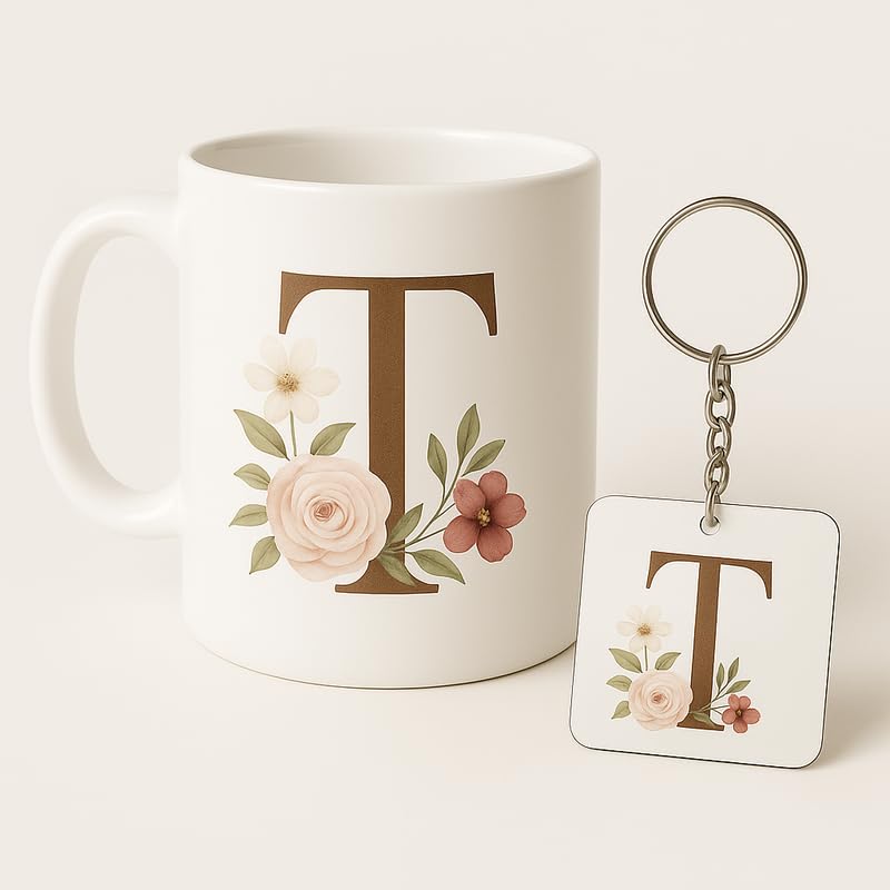 Image of Letter T Mug and Keychain Set - Elegant Floral Monogram Gift for Her /Him - Coffee Cup and Key Ring with Initial T - Coffee Mug for Everyone Any Occasion 4646 20