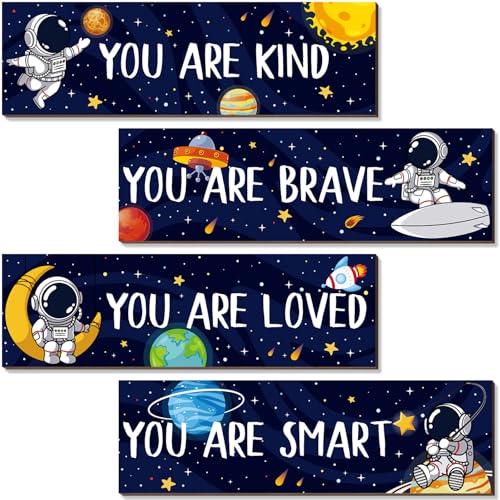 ZIEYOMI 4Pcs Space Room Decor for Kids Boys, Astronaut Bedroom Decor Motivational Wall Art, Outer Space Posters Spaceman Wooden Sign for Baby Toddler Boy Playroom Nursery Classroom Decorations