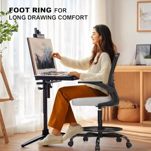 Image of Ergonomic Drafting Chair, Tall Office Chair with Flip-up Armrests, Breathable Mesh High Desk Chair with Lumbar Support Adjustable Footrest Ring for Standing Desk Gray