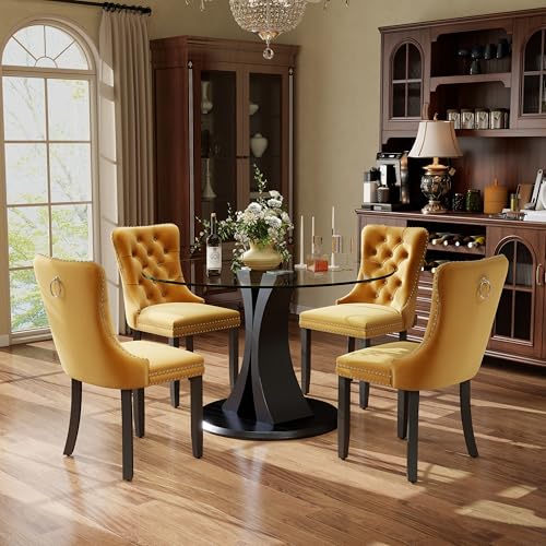 Image of 5-Piece Dining Table Set with 39In Tempered Glass Table and 4 Velvet Upholstered Chairs, Modern Scandinavian Furniture for Dining Room Kitchen(Yellow)