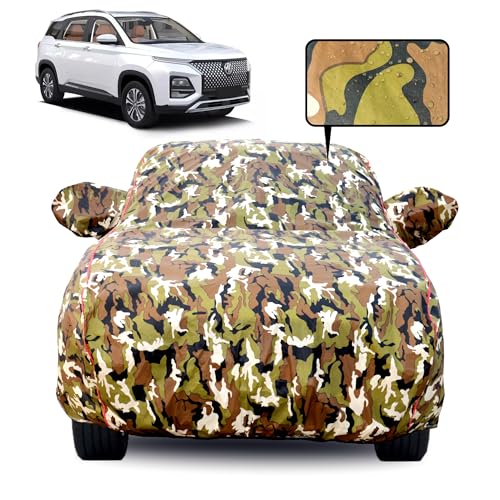 Image of Waterproof Car Body Cover for MG Hector Plus with Mirror Pocket, Soft Cotton Lining, Triple Stitched, Full Bottom Elastic (Heat Resistant Jungle Print with Red Piping)