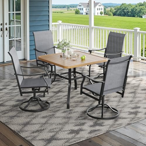 Image of Soohow 5-Piece Outdoor Dining Set, Patio Dining Table and Chairs Set for 4, 4 x Swivel Patio Chairs and 35 inchx35 inch Dining Table with 1.57 inch Umbrella Hole, Wood-Like, Ideal for Poolside, Backyard, Deck