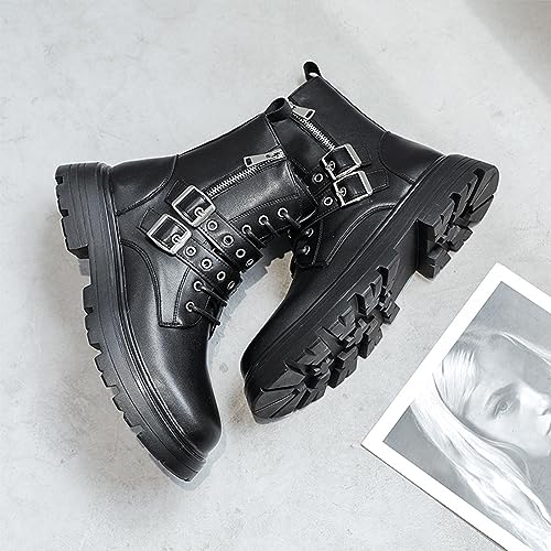 Ephirebra Men's Platform Ankle Boots Lace Up Buckle Side Zipper Non-Slip Round Toe Combat Booties Motorcycle Boots3