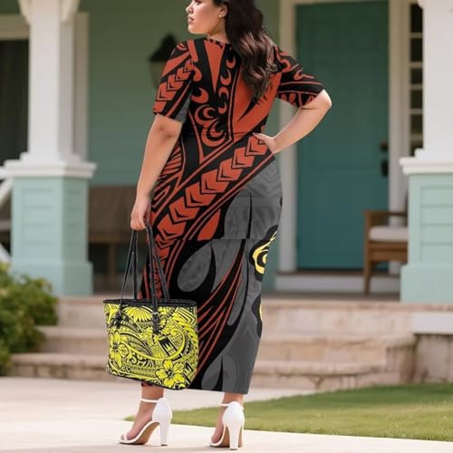 Image of Puletasi Samoan Traditional 2 Piece Outfits for Women Short Sleeve Crop Top and Maxi Skirt Sets Puletasi Dress