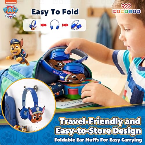 Image of Wembley Paw Patrol Kids Wireless Bluetooth Headphones with Mic | Foldable Over Ear Headphones for Boys & Girls 3-8 Years | 90dB Safe Volume, AUX & USB Charging | Travel, Study & Music