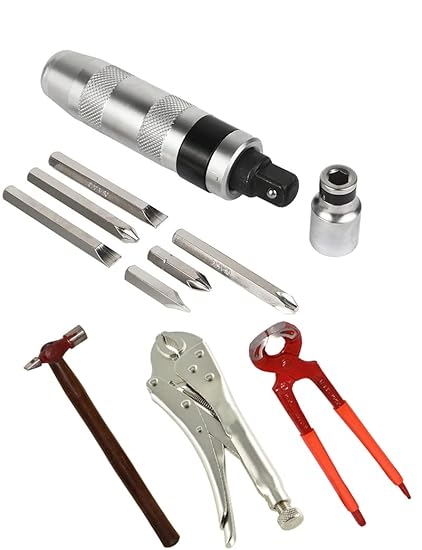 Digital Craft Combo of 4 Items Impact Screwdriver Set Multi-Purpose Chrome Vanadium Steel Portable Screw Driver Chisel Bits Professional Tools with Lock Plier Top Cutter & Hammer