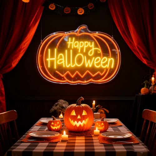 Image of Custom Halloween Lights Up Sign, Personalized Pumpkin Halloween Neon Signs for Wall, Window, Room, Home, Party, Battery Operated or USB. RGB for Indoor, Commercial