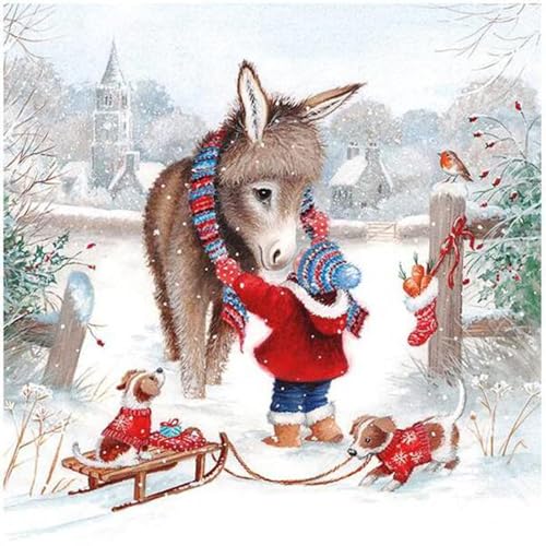 Set of 2 Individual Decoupage Paper Party Napkin Christmas Donkey Child Warm Scarf Watercolor Decor Luncheon Napkins for a Birthday Holiday, Wedding, Cocktail Party