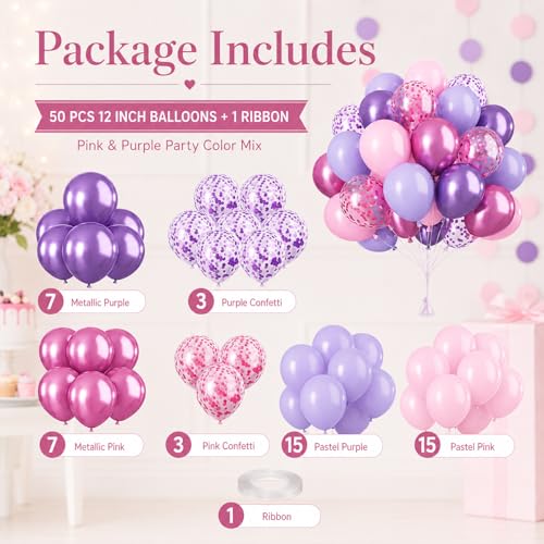 Image of Pink and Purple Balloons, 50PCS 12 Inch Confetti Balloons, Metallic Purple Pink Latex Balloons with Ribbon, Party Balloons for Birthday Shower Wedding Party Decorations