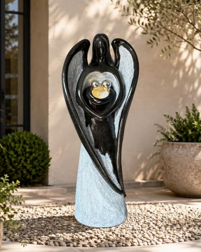 Image of Guardian Angel Outdoor Water Fountain with LED Lights Black Gray Resin 49in