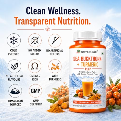 Image of Sea Buckthorn + Turmeric Pulp | Cold Pressed Himalayan Wellness Drink | Rich in Omega 3,6,7,9, Curcumin & Vitamin C | No Added Sugar | Antioxidant Rich | 300ml