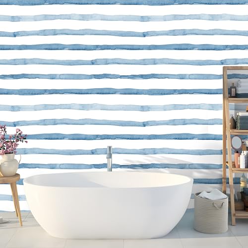 HAOKHOME Striped Peel and Stick Wallpaper Coastal Boho Removable Indigo Blue/White Vinyl Self Adhesive for Bathroom Decor 17.7in x 9.8ft