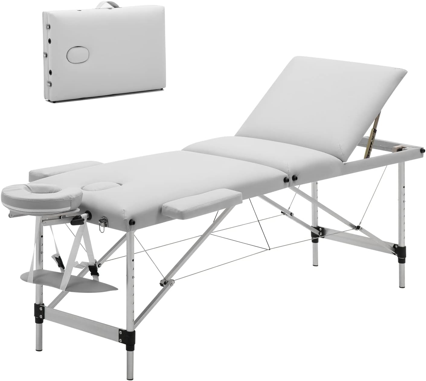 Meerveil Massage Table, 3-Section Portable Folding Therapy Bed, Lightweight, Spa Tattoo Couch Bed, 3/2 Zones with Height-Adjustable, with Carry Bag, Aluminum Feet (White)