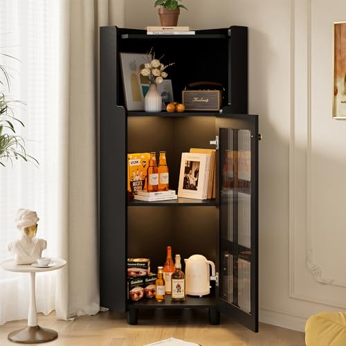 Lexiou Armario esquinero de 63,5 x 124 cm con superficie lacada e iluminación LED – Moderno mueble esquinero con control de aplicación, para salón, estantería, cuarto de baño (negro)