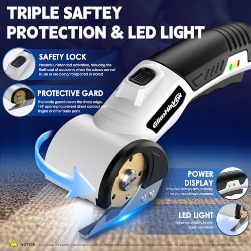 GlimHirVox Electric Box Cutter for Cardboard, 4.2V Cordless Electric Scissors up to 1/4”, Cordless Cardboard Cutter with 2 Titanium Blades, with Safety Lock & LED, for Fabric, Leather, Plastic, Carpet by GlimHirVox - Image 4