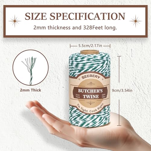 Green and White Butchers Twine – 328Ft 2mm Food Safe Cotton Cooking Twine String for Trussing Turkey, Roasting, Baking, Tying Meat, Pumpkin Bread, Kitchen Use, Christmas Decorations and Gift Wrapping
