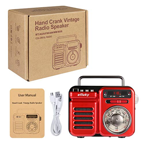 efluky Radio portátil retro con manivela FM/AM/WB, receptor mundial, radio con altavoz Bluetooth, banco de energía de emergencia, linterna LED, alarma SOS, despertador, viajes, emergencias (rojo)