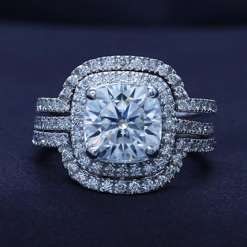 SAVEARTH DIAMONDS Cushion Cut Lab Created Moissanite Engagement Ring & Double Wedding Band Halo Bridal Set, Wedding Rings Bands in 14k Gold Plated 925 Sterling Silver (3.50 Cttw, G-H/VVS1)2