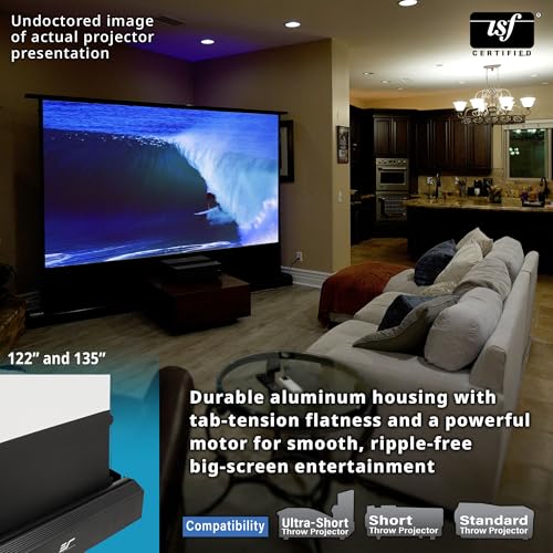 Image of Elite Screens Kestrel Tab-Tension 3 140 inch 16:9 Floor Rising Projector Screen | Motorized Electric CineWhite 1.1 Gain 4K /8K UHD UST /Short Throw Front Projection Screen, RF /IR Remote, FTE140H3
