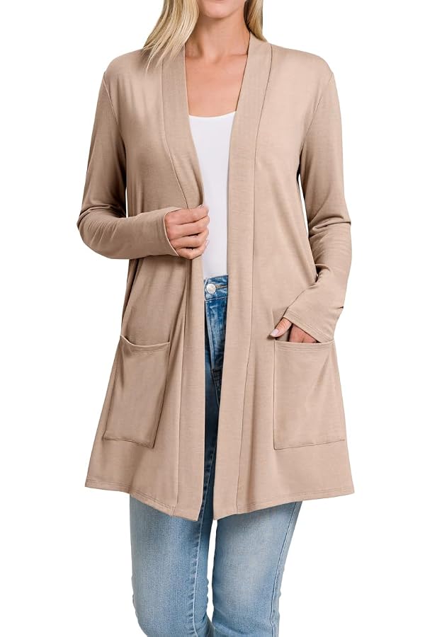 Women's Open Front Cardigan Long Sleeve with Pockets Casual Outwear (LT MOCHA, 1X-Large) by ALLLA - Used condition - US$24.61