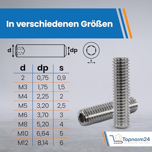 Topnorm24 (M10 x 25 Lot de 10 vis sans tête) avec bout conique en acier inoxydable M10 x 25 mm DIN 913 V2A, vis sans tête à six pans creux, sans tête – vue 2