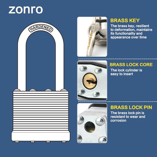 Image of ZonRo Locks Laminated Steel Keyed Padlocks,Keyed Alike Locks, 1-9 /16 inch Wide,Normal Shackle Padlocks, Pack of 6,Blue Hoop, for Hasp Latch, Sheds, Fences, Storage Locker, School, Gym