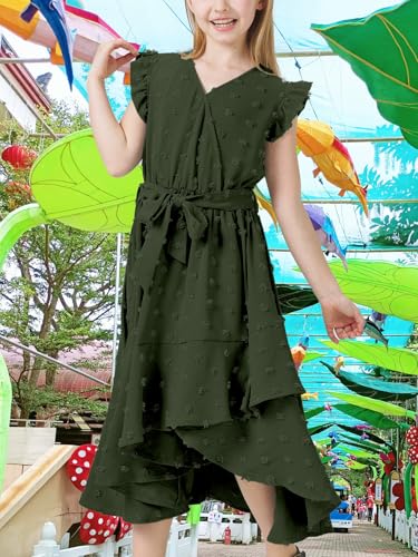 Girls Dresses 2025 Summer V Neck Dress Cap Sleeve Swiss Dot Boho Ruffle Slit Flowy High Low Long Maxi Dresses for Kids4