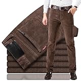 HESYSUAN Pantalones de pana para hombre, de ajuste clásico, rectos, elásticos, plisados, de algodón, sin arrugas, pantalones de vestir ajustados, marrón, 42