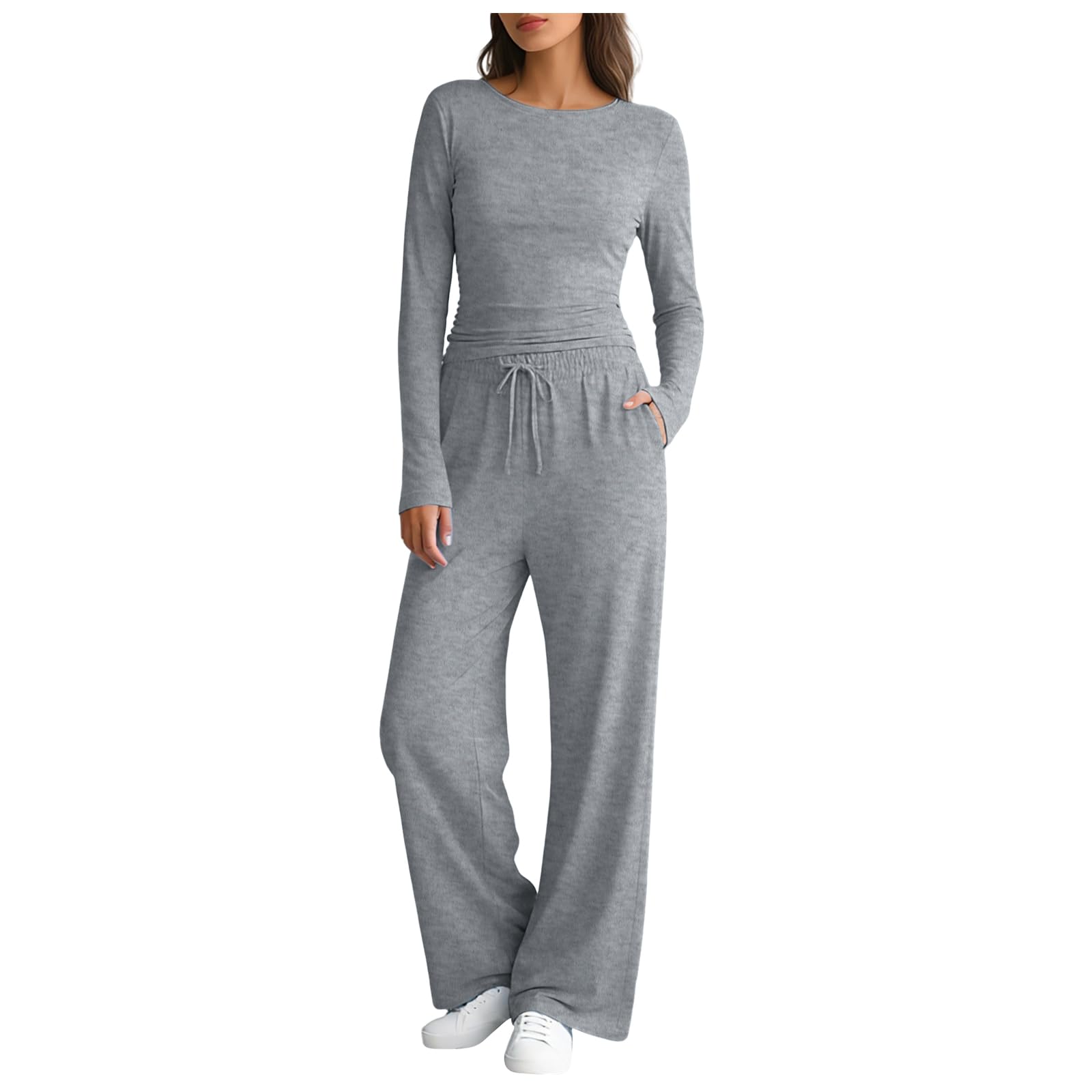 Two Piece Outfit Women Long Sleeve Stretch Lounge Set Ruched Crop Tops and High Elastic Waisted Wide Straight Leg Pants Y2K Tracksuit Activewear Casual Leisure Wear Sets Yoga Trousers Suit