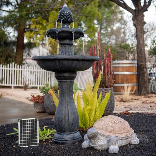 Image of XBrand 44 inch Solar Powered 2-Tier Outdoor Water Fountain, Fiberglass Resin Fountain with Solar Panel and Auto Shut-Off Pump, Black