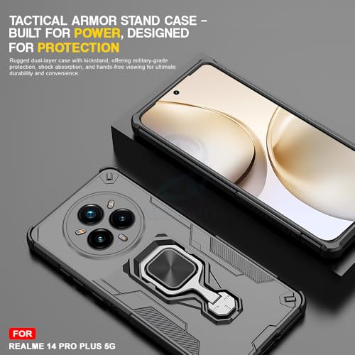 Image of AESTMO Armor Back Cover for Realme 14 Pro Plus 5G | Ring Holder & Kickstand & Camera Protection in-Built | 360 Degree Protection Back Case Cover (Black)