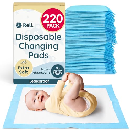 Image of Reli. Disposable Changing Pads for Baby (220 Pack) | Disposable Diaper Changing Pads, 13" x 18" | Super Absorbent, Leak-Proof Liners | Waterproof, Quick Dry Underpads (Blue/White)