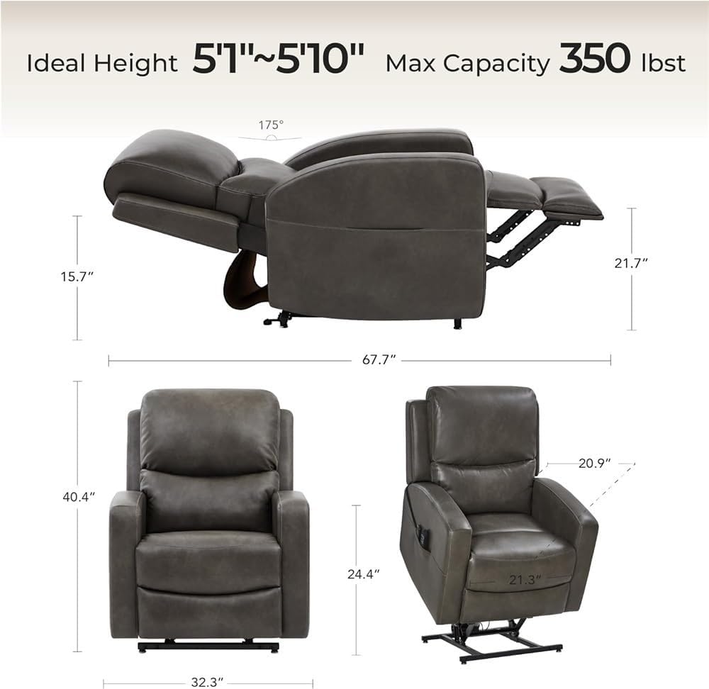 Dual Motor Power Lift Recliner Chair for Elderly Adults with Massage Heat Lay Flat Infinite Position Leather Reclining Sofa USB Ports Comfortable Living Room Furniture