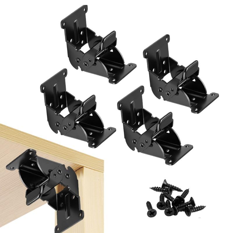 4 Pack Folding Brackets Heavy-Duty Self-Locking Hinges with Screws Foldable Lock Extension Support Brackets for Table Legs Bed Legs Workbenches Black