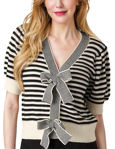 Image of InterNos Womens Bow Front Short Sleeves Sweater Classic Striped V Neck Cropped Knit Pullover Tops