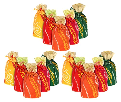 Image of Kuber Industries Multiuses Bandhej Print Potli Bag for women with Drawstring Set of 15 (Assorted)