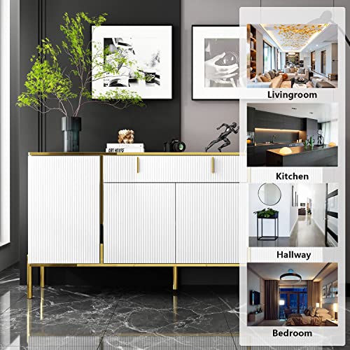 Famapy Modern Credenza Sideboard Buffet With Drawer & Pop-Up Doors, Buffet Sideboard Storage Cabinet With Gold Metal Legs, For Living Room Hallway White And Gold (63”W X 15.7”D X 31.5”H) #TOP6