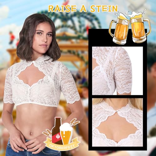 Aomig Damen Dirndl Bluse, Weiße Spitze Trachtenbluse mit Rundhals und Kurzarm, Elegant für Oktoberfest, Stretch Halbarm Tracht Bluse(L)
