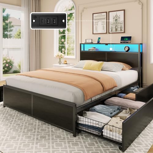 Rolanstar Full Size Bed Frame with 4 Storage Drawers & 2-Tier Storage Headboard Metal Platform Bed Frame with Charging Station & LED Lights Noise-Free No Box Spring Needed Easy Assembly Black Oak
