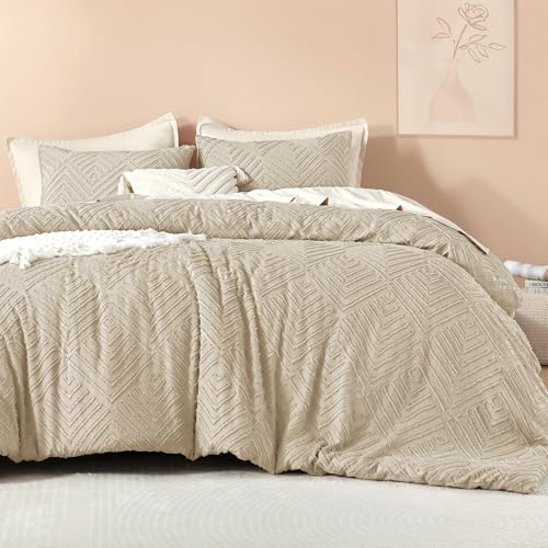 Image of Litanika Khaki King Size Comforter Set, 3 Pieces Tufted Boho Farmhouse Bedding Comforter Sets, Lightweight Fluffy Comforter Bed Set for All Season (104x90In Comforter and 2 Pillowcases)