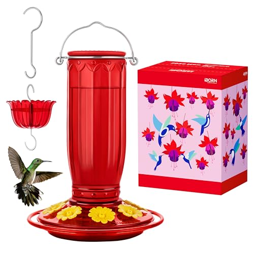 iBorn Hummingbird Feeder for Outdoors Hanging Ant and Bee Proof Ant Moat for Hummingbird Feeder 8 Ports for 16oz Hummingbird Nectar,Yellow Flowers Red Glass, Pack of 1