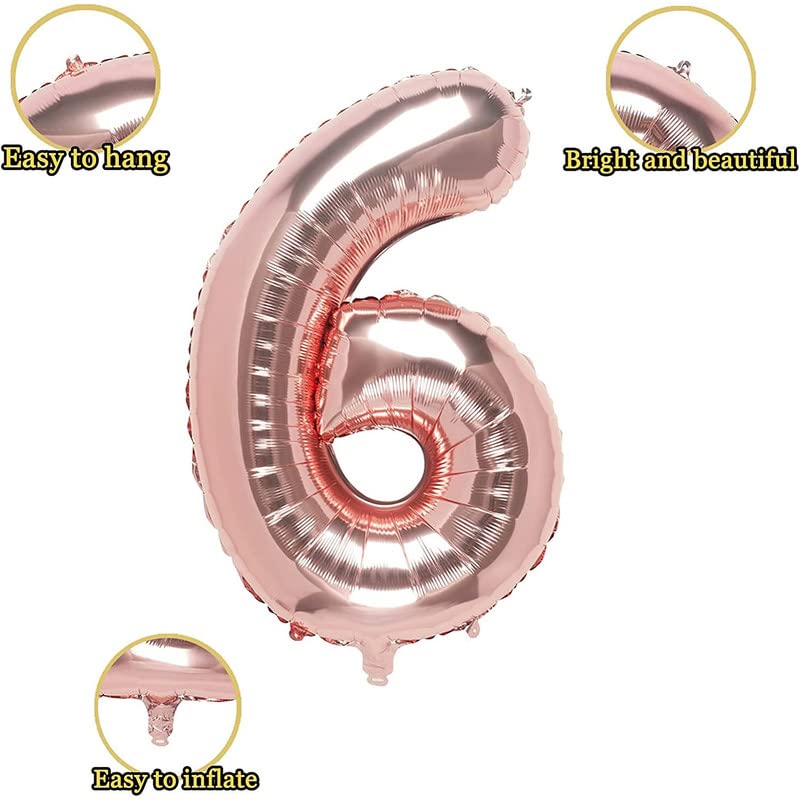 Image of Bubblebells Rose Gold 32 Inches 6 Numbers Shape Large Big Foil Helium Balloons for Party Decorations in Happy Birthday Anniversary Office Items Materials Set Pack