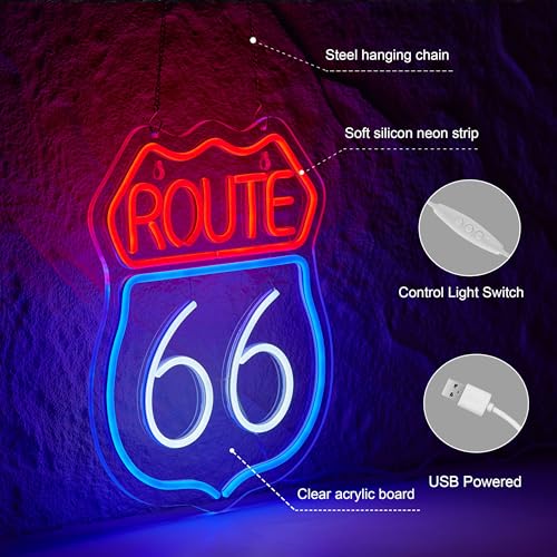 Image of Historic Route 66 Neon Sign for Wall Decor Dimmable Route 66 LED Neon Light Sign Decor