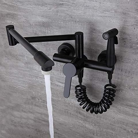 Wasserhahn Küche Wandmontage Wandanschluss Küchenarmatur mit Brause Flexibel Duschkopf, 2-Wege Faltbar Kalt Und Warmwasser Wand Mischbatterie für Küche Waschbecken Kupfer-Schwarzer Cover