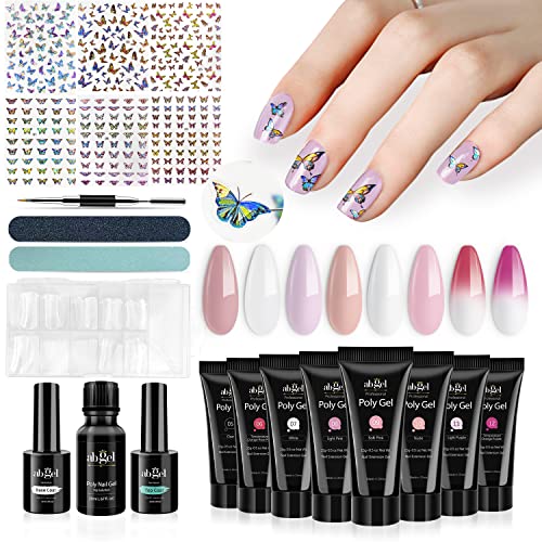 ab gel poly gel nail kit, 8 Colors poly gel with Butterfly Nail Art Stickers Slip Solution Top Coat Base Coat Dual Forms, 15ml Professional Crystal Poly gel starter kit Clean Pink and White