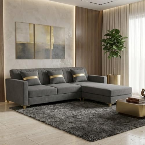 Image of CASASTYLE Groovy 4 Seater L Shape Sofa Set with Movable Ottoman | Flexible Left or Right Layout | Cozy Velvet Fabric | Soft Touch Seating | Modern Designer Sofa for Living Room (Dark Grey)