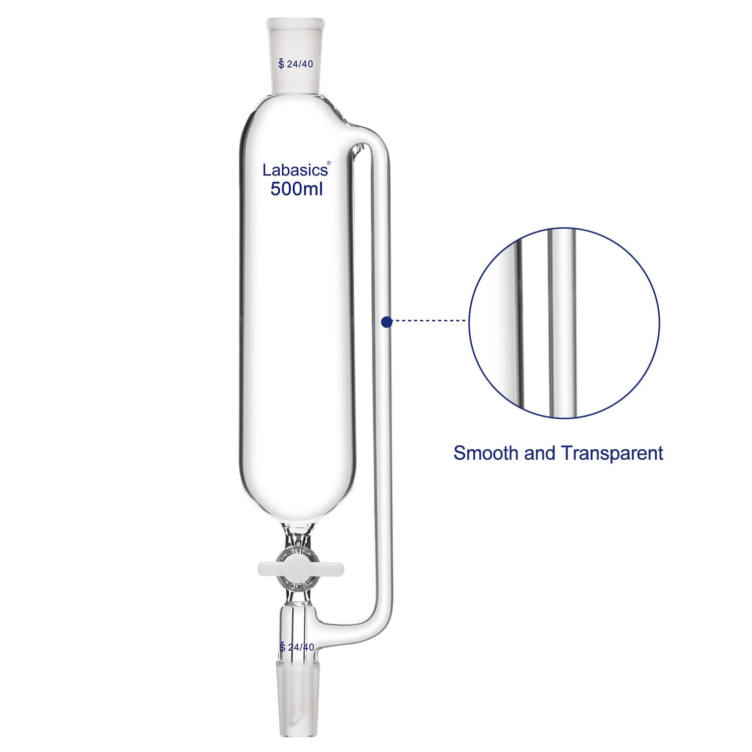 Labasics 500 ml Druckausgleich Zusatz Trichter, Borosilikatglas Tropftrichter 24/40 Gelenk mit PTFE-Hahn für Labor, 500 ml
