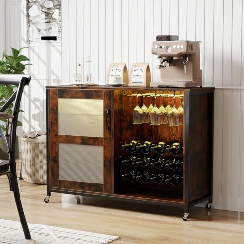 RELAX4LIFE Mobile Cucina Bar Illuminato a LED con Cantinetta per Vino, Porta Bicchieri e Bottiglie, in Stile Industriale, Armadio a Ante con Ripiani Regolabili in Vetro